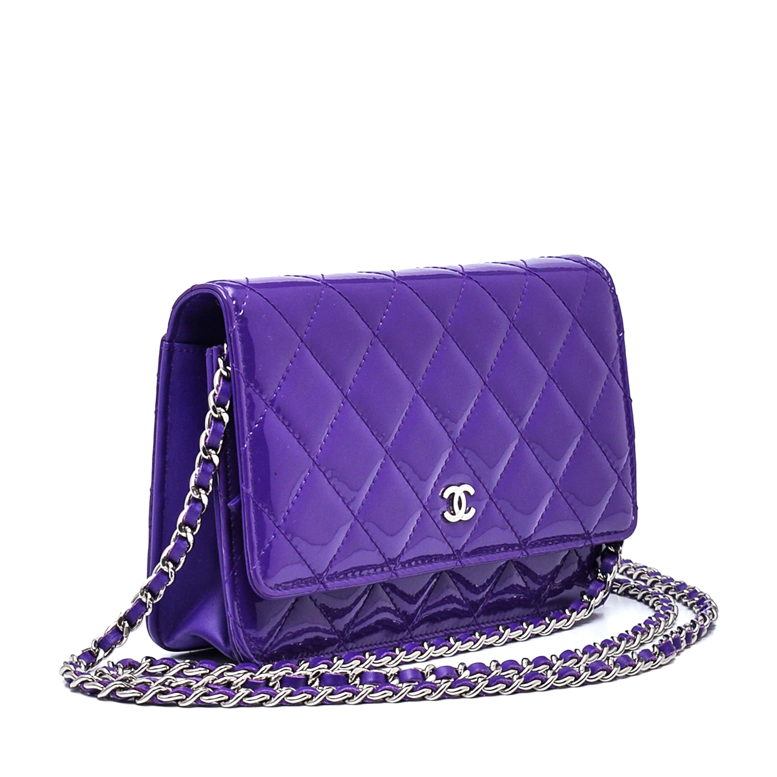 Chanel - Purple Quilted Patent Leather Wallet on Chain WOC Bag